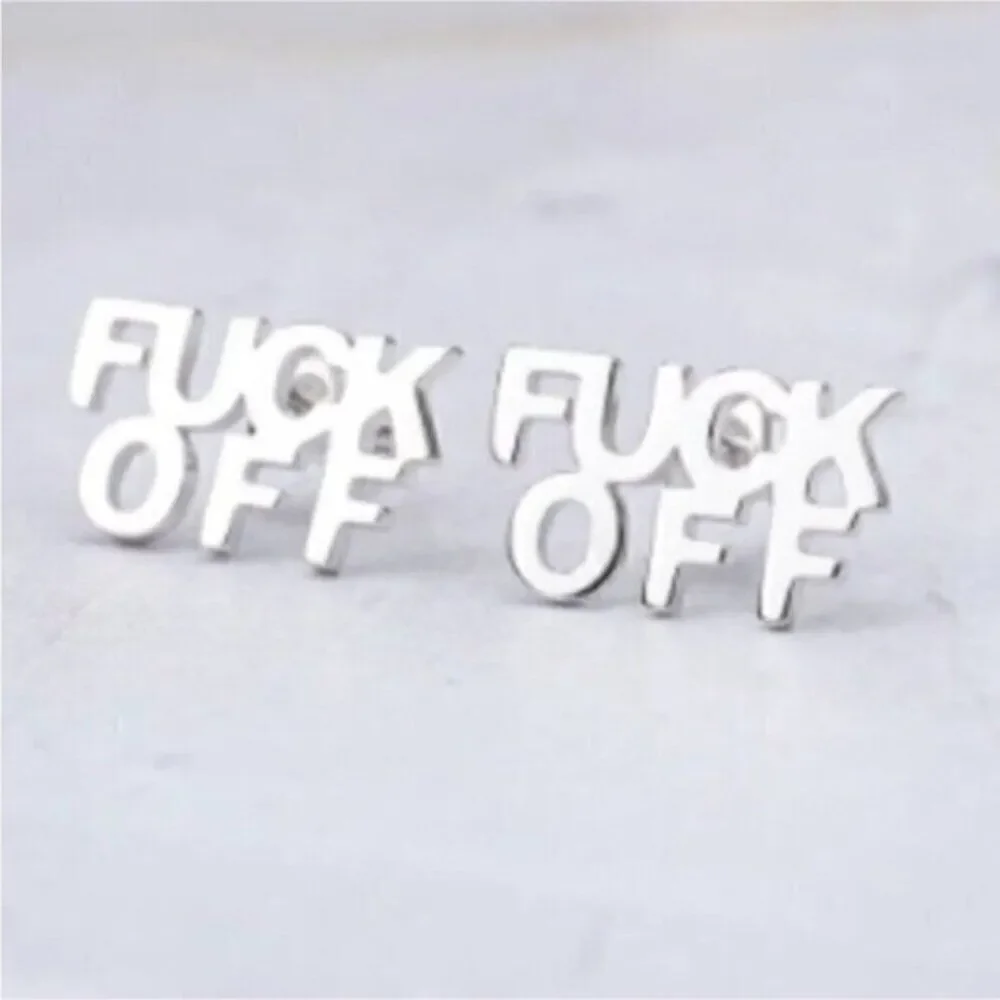 Silver Stainless Steel Letter Stud F*uck off Earrings